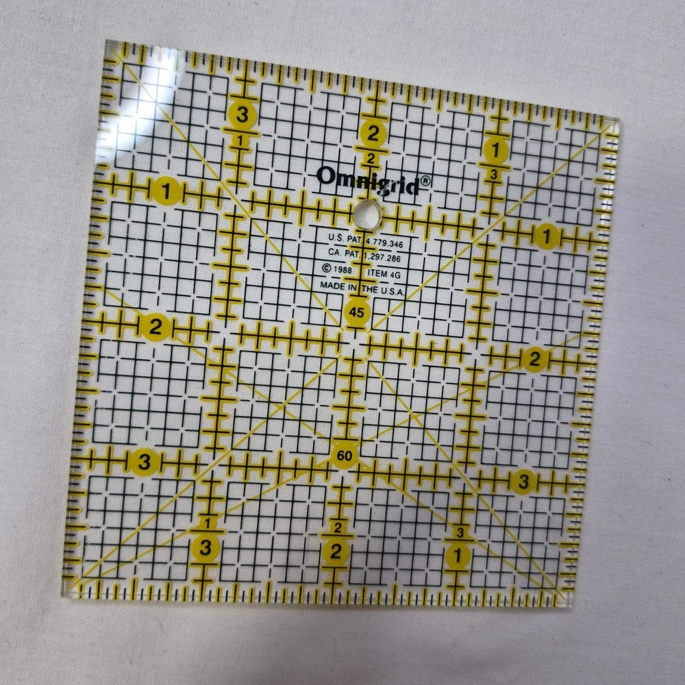 Omnigrid 4G Square Quilting Ruler 4x4 Clear Yellow Acrylic Vintage 1988 USA